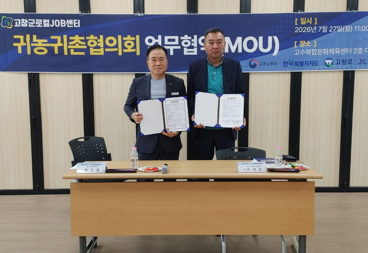 [고창=뉴시스] 고창지역 귀농·귀촌인의 정착과 취업을 지원하고자 고창군로컬JOB센터와 고창군귀농귀촌협의회가 지난 27일 업무협약을 체결했다. 양치영 센터장(왼쪽)과 오세훈 협의회장(오른쪽)이 기념사진을 찍고 있다. *재판매 및 DB 금지
