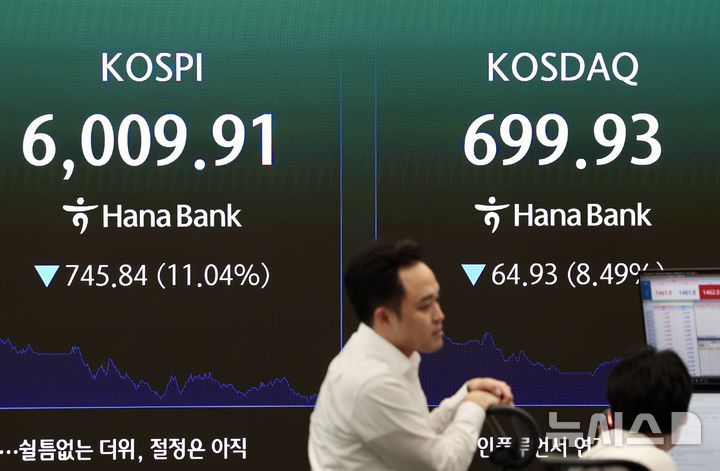 [서울=뉴시스] 김명년 기자 = 장중 코스닥 700선이 붕괴된 28일 오후 서울 중구 하나은행 딜링룸에 코스닥 지수가 표시돼 있다. 2026.07.28. kmn@newsis.com