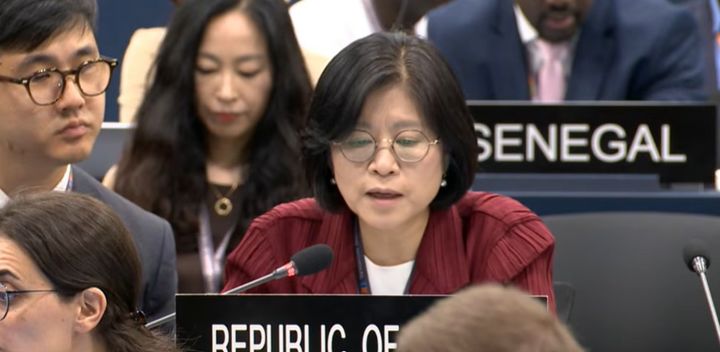 [서울=뉴시스]김지희 주유네스코 대사가 28일 부산에서 열린 제48차 유네스코 세계유산위원회 회의에서 발언하는 모습. (유튜브 갈무리) *재판매 및 DB 금지