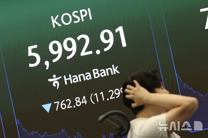 [서울=뉴시스] 김명년 기자 = 코스피가 장중 6000선이 붕괴된 28일 오후 서울 중구 하나은행 딜링룸에 코스피 지수가 표시돼 있다. 2026.07.28. kmn@newsis.com