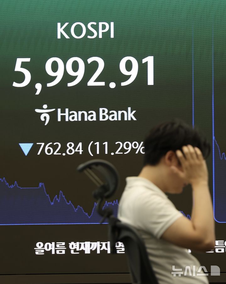 [서울=뉴시스] 김명년 기자 = 코스피가 장중 6000선이 붕괴된 28일 오후 서울 중구 하나은행 딜링룸에 코스피 지수가 표시돼 있다. 2026.07.28. kmn@newsis.com