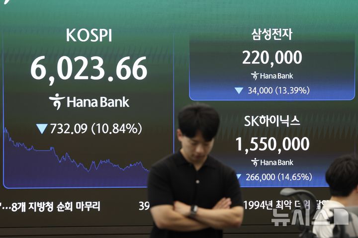 [서울=뉴시스] 김명년 기자 = 28일 오후 서울 중구 하나은행 딜링룸에서 딜러들이 업무를 보고 있다. 코스피는 전 거래일보다 732.09p(10.84%) 내린 6,023.66에 장을 마쳤다. 코스닥 지수는 전 거래일보다 59.01p(7.72%) 내린 705.85에 거래를 종료했다. 서울 외환시장에서 원·달러 환율은 전일 오후 3시 30분 주간종가 대비 6.0원 내린 1462.50원을 기록했다. 2026.07.28. kmn@newsis.com