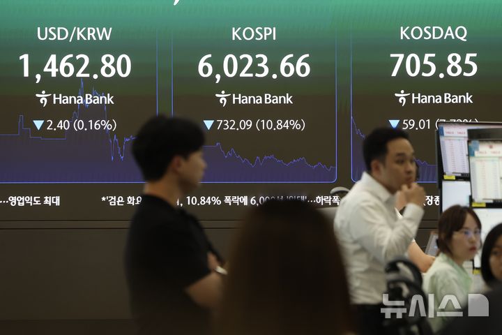[서울=뉴시스] 김명년 기자 = 28일 오후 서울 중구 하나은행 딜링룸에서 딜러들이 업무를 보고 있다. 코스피는 전 거래일보다 732.09p(10.84%) 내린 6,023.66에 장을 마쳤다. 코스닥 지수는 전 거래일보다 59.01p(7.72%) 내린 705.85에 거래를 종료했다. 서울 외환시장에서 원·달러 환율은 전일 오후 3시 30분 주간종가 대비 6.0원 내린 1462.50원을 기록했다. 2026.07.28. kmn@newsis.com