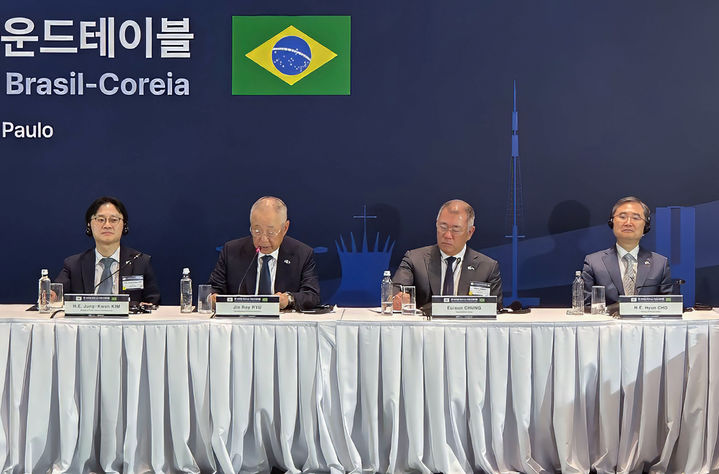 [서울=뉴시스] 류진 한국경제인협회 회장이 28일(현지시간) 브라질 그랜드 하얏트 상파울루 호텔에서 양국 정부 인사 및 경제인 40여 명이 참석한 가운데 열린 '한-브라질 비즈니스 라운드테이블'에서 인사말을 하고 있다. 이날 라운드테이블에 참석한 양국 대표 기업들은 제조·인프라, 첨단산업, 소비재·유통 등 3대 분야에서 기업별 구체적인 협력방안을 논의했다. 사진 왼쪽부터 김정관 산업통상부 장관, 류진 한경협 회장, 정의선 현대차그룹 회장, 조현 외교부 장관 (사진=한경협 제공) 2026.07.29. photo@newsis.com *재판매 및 DB 금지