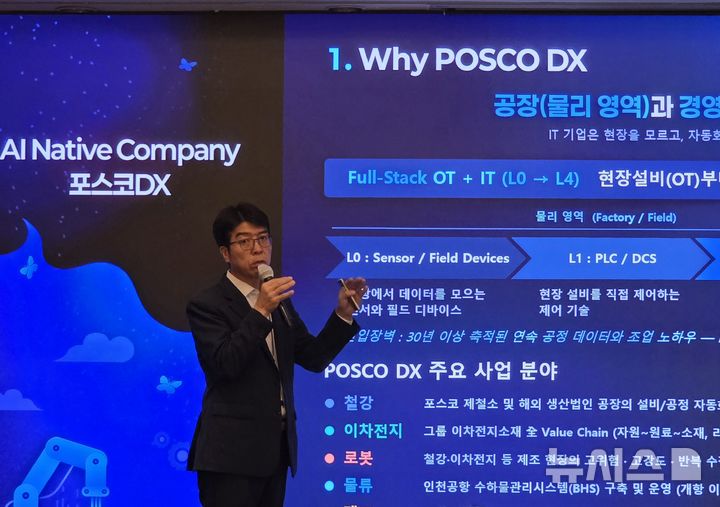 [서울=뉴시스]오동현 기자 = 최태환 포스코DX 경영기획실장이 29일 서울 중구 롯데호텔서울에서 열린 'AI 네이티브 컴퍼니, 포스코DX' 기자간담회에서 사업 전략을 발표했다. odong85@newsis.com