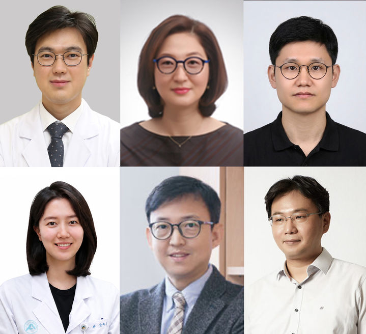 [울산=뉴시스] 울산대 의과대학 연구팀 왼쪽 위부터 시계방향으로 이준엽 교수, 오수진 교수, 김종욱 박사, UNIST 정웅규 교수, 조재흥 교수, 한예은 서울아산병원 임상전임강사 (사진=울산대 제공) photo@newsis.com *재판매 및 DB 금지