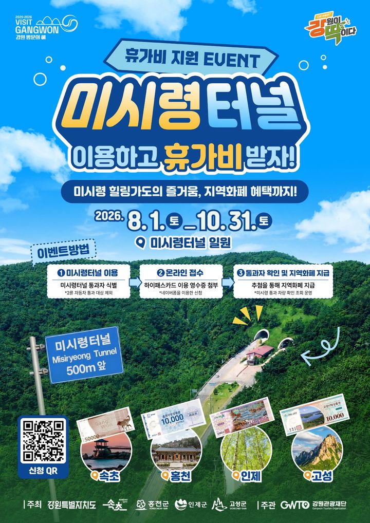 [춘천=뉴시스] 30일 강원특별자치도와 속초시·홍천군·인제군·고성군, 강원관광재단은 미시령 힐링가도 활성화와 관광객 유치를 위해 오는 8월 1일부터 10월 31일까지 ‘미시령 터널 이용자 휴가비 지원사업’을 추진한다고 밝혔다. 강원특별자치도 제공. *재판매 및 DB 금지