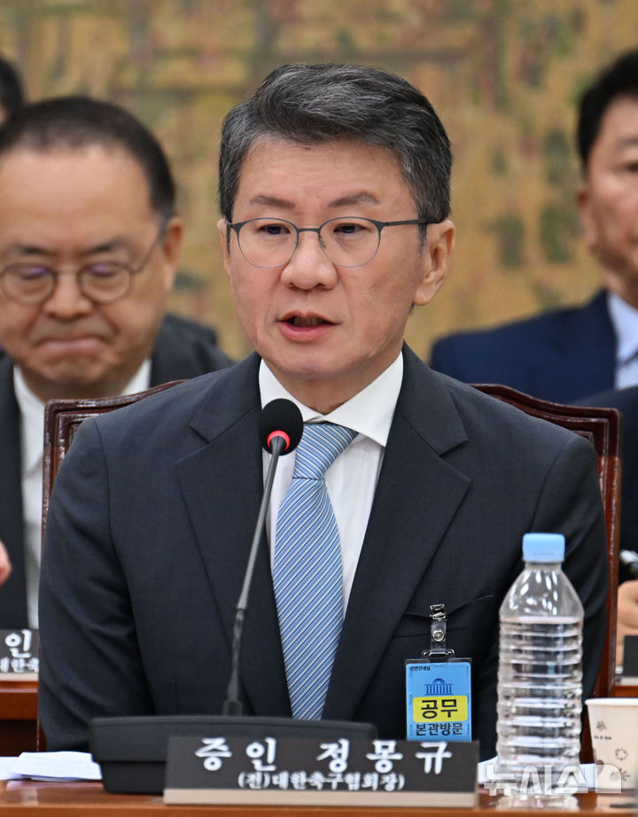[서울=뉴시스] 국회사진기자단 = 정몽규 전 대한축구협회장이 30일 서울 여의도 국회에서 열린 문화체육관광위원회의 대한축구협회 현안 관련 청문회에서 질문에 답하고 있다. 2026.07.30. photo@newsis.com