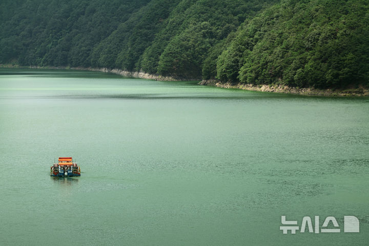 [보은=뉴시스] 김금보 기자 = 폭염특보가 이어진 30일 오전 충북 보은군 대청호 회남수역 일대에서 녹조제거선박이 작업을 하고 있다. 대청호 회남수역은 지난 20일부터 조류경보가 발령됐다. 2026.07.30. kgb@newsis.com