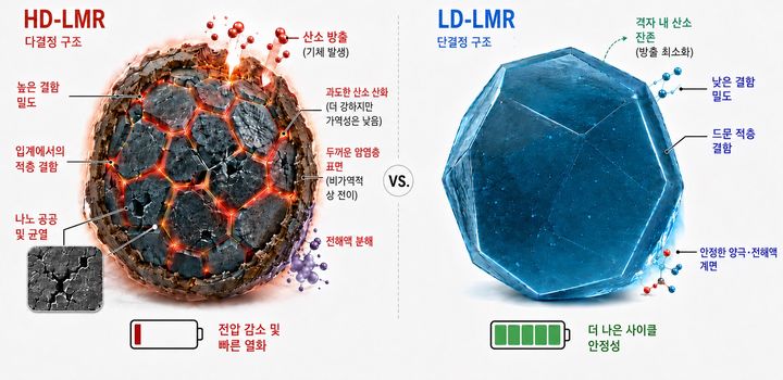 [서울=뉴시스] 다결정 및 단결정 리튬 과잉 양극재 내부의 적층 결함 분포와 이에 따른 전기화학적 열화 과정을 비교한 모식도. (사진=한양대 에리카 제공) 2026.07.31. photo@newsis.com *재판매 및 DB 금지