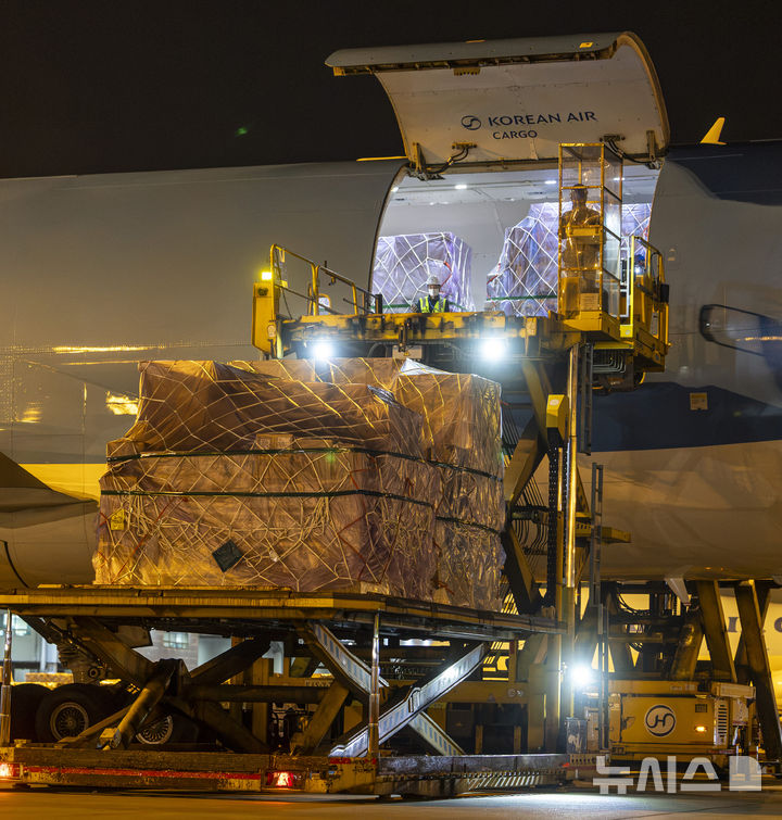 [인천공항=뉴시스] 전신 기자 = 지난 30일 인천국제공항 대한항공 화물터미널에서 관계자들이 삼성전자와 SK하이닉스의 반도체를 항공기에 적재하고 있다.(공동취재) 2026.07.31. photo1006@newsis.com