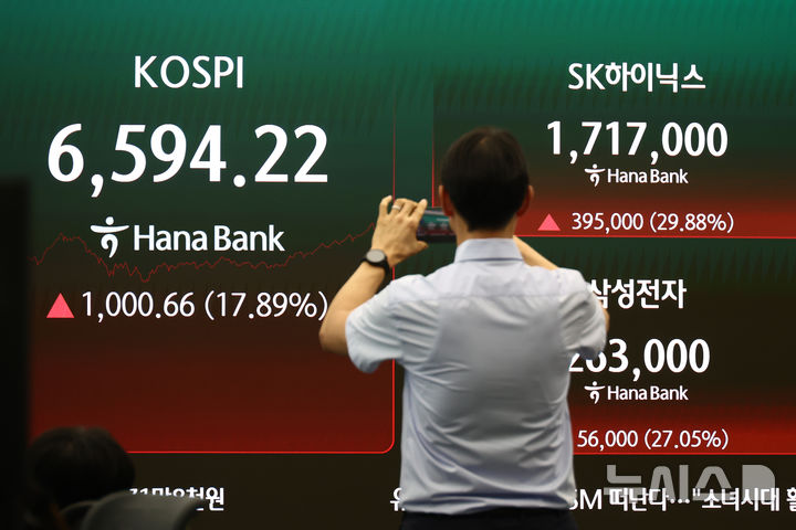 [서울=뉴시스] 고승민 기자 = 31일 서울 하나은행 딜링룸에서 딜러가 18% 가까이 상승한 코스피를 보며 스마트폰으로 촬영하고 있다. 2026.07.31. kkssmm99@newsis.com