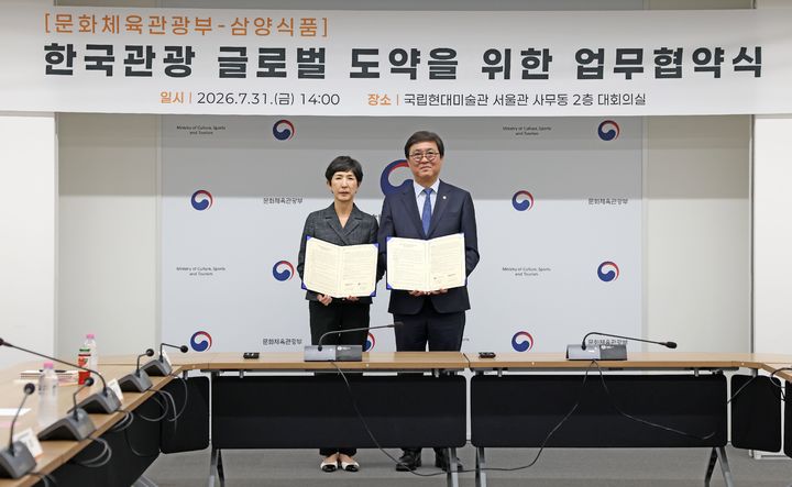 [서울=뉴시스] 최휘영 문화체육관광부 장관과 김정수 삼양식품 회장이 27일 서울 종로구 국립현대미술관 서울관에서 '한국관광 글로벌 도약을 위한 업무협약'을 체결한 뒤 기념촬영 하고 있다. (사진=문화체육관광부 제공) 2026.07.31. photo@newsis.com *재판매 및 DB 금지