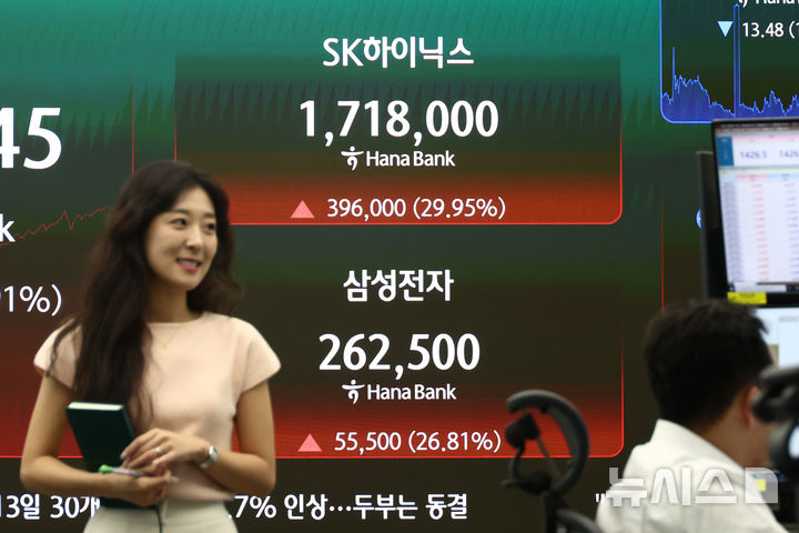[서울=뉴시스] 고승민 기자 = 코스피가 17.91% 오른 6595.45에 마감하면서 SK하이닉스와 삼성전자 주가가 각각 29.95%, 26.81% 오른 31일 서울 하나은행 딜링룸에서 딜러들이 업무를 보고 있다. 코스닥은 11.63% 오른 719.76에 마감됐다. 서울 외환시장에서 원·달러 환율은 13.4원 내린 1424.0원으로 거래를 마무리했다. 2026.07.31. kkssmm99@newsis.com