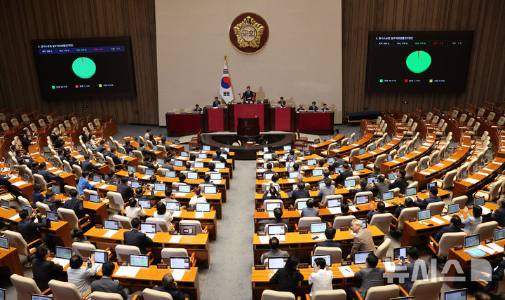 [서울=뉴시스] 고범준 기자 = 31일 서울 여의도 국회에서 열린 제437회 국회(임시회) 제3차 본회의에서 형사소송법 일부개정법률안(대안)이 가결되고 있다. 2026.07.31. bjko@newsis.com