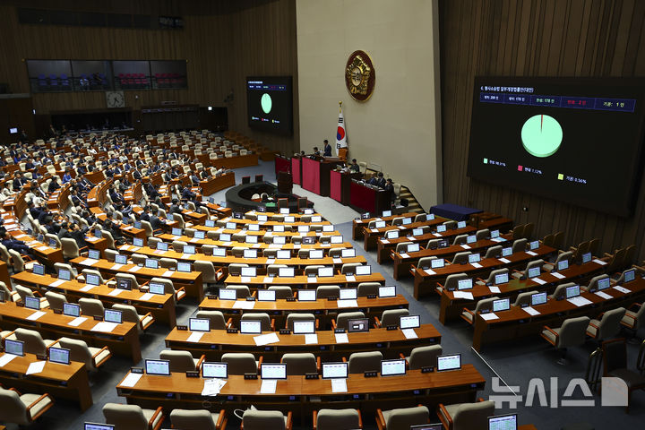 [서울=뉴시스] 김근수 기자 = 31일 서울 여의도 국회에서 열린 제437회국회(임시회) 3차 본회의에서 형사소송법 일부개정안법률안(대안)이 국민의힘 의원들이 불참한 채 통과되고 있다. 2026.07.31. ks@newsis.com