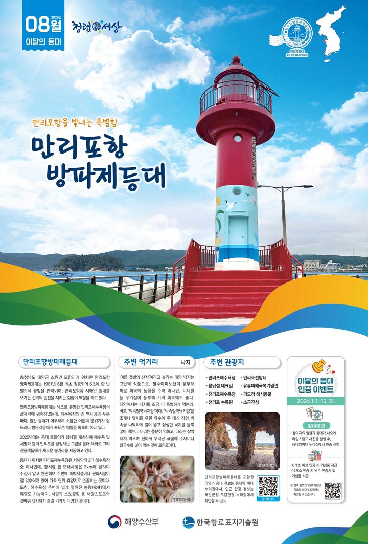 [서울=뉴시스] 해양수산부는 8월 이달의 등대로 충남 태안군 소원면 모항리에 있는 만리포항 방파제등대를 선정했다. 2026.08.02. photo@newsis.com *재판매 및 DB 금지