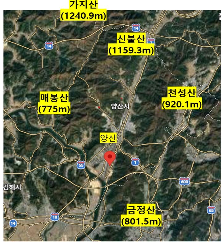 [서울=뉴시스] 경남 양산 지역은 높은 산들로 둘러싸인 분지 지형에, 북/북서쪽 중심 경사가 큰 특징을 보인다. (사진=기상청 제공) 2026.08.02. photo@newsis.com *재판매 및 DB 금지