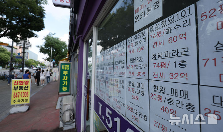 [서울=뉴시스] 김선웅 기자 = 정부의 세제개편안 발표를 앞두고 초고가 주택과 아파트가 밀집한 강남권 부동산 시장이 움츠러든 분위기다. 지난 2일 한국부동산원에 따르면 7월 넷째주(27일) 조사 기준 아파트 평균 매매가격은 서초구 0.05%, 강남구 0.07%, 송파구는 0.20% 각각 올랐다. 이는 양도소득세 중과가 재개된 5월 초 이후 가장 낮은 상승률로, 서울 평균 상승률(0.25%)도 밑도는 수준이다. 2일 서울 강남구 소재 부동산 공인중개사 사무소에 매물 정보가 게시돼있다. 2026.08.02. mangusta@newsis.com