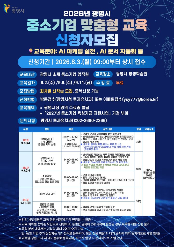 [광명=뉴시스] 경기 광명시 중소기업 맞춤형 교육 신청자 모집 디지털 홍보자료. (사진=광명시 제공) 2026.08.03. photo@newsis.com *재판매 및 DB 금지