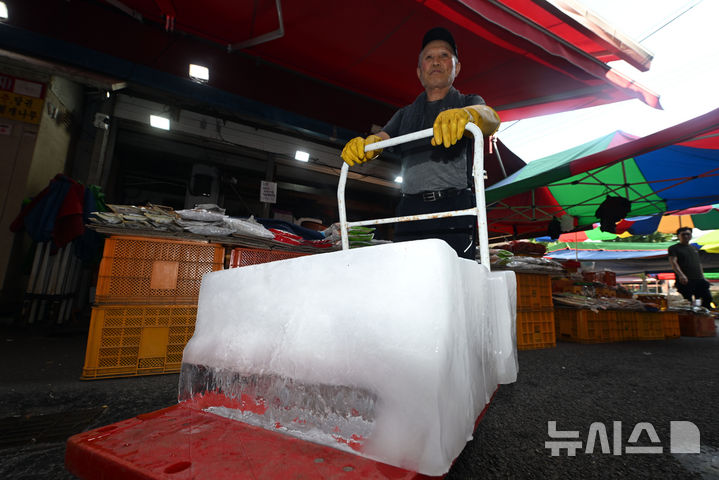 [전남광주=뉴시스] 이영주 기자 = 전남광주 동부권에 내려진 폭염중대경보가 광주동부 등으로 확대된 3일 오전 전남광주 광산구 송정5일장에서 한 상인이 얼음을 옮기고 있다. 2026.08.03. leeyj2578@newsis.com