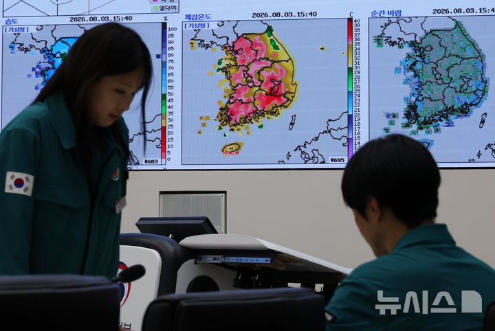 [세종=뉴시스] 배훈식 기자 = 행정안전부 폭염 대응 추진상황 점검회의가 열린 3일 오후 세종시 정부세종청사 중앙재난안전상황실에 체감온도를 나타내는 모니터가 붉게 물들어 있다. 2026.08.03. dahora83@newsis.com