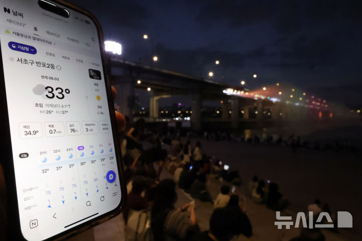 [서울=뉴시스] 홍효식 기자 = 연일 열대야가 이어지는 지난 3일 오후 서울 서초구 반포한강공원에서 스마트폰 날씨 애플리케이션에 현재 기온 33도가 표시돼 있다. 2026.08.03. yesphoto@newsis.com