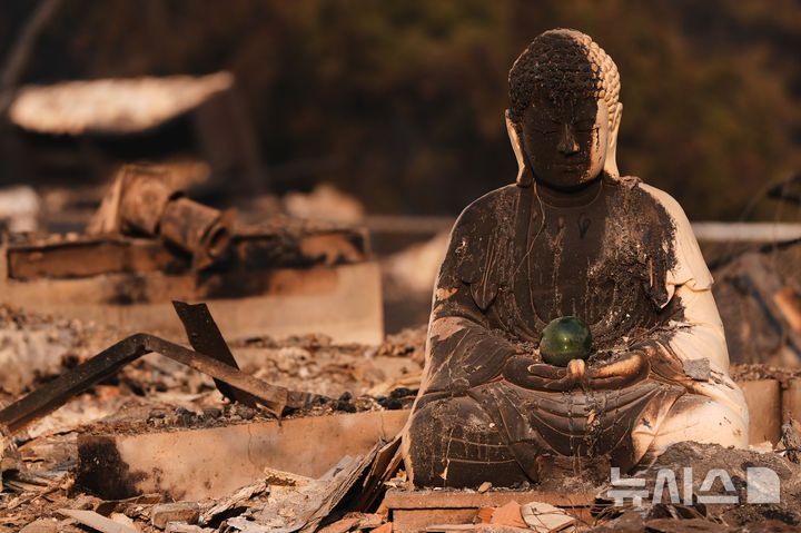 [스포캔=AP/뉴시스] 3일(현지 시간) 미 워싱턴주 스포캔 북부 지역의 산불 피해 지역 잔해 속에 불에 그을린 불상이 놓여 있다. 2026.08.04.