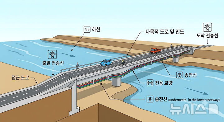 [전남광주=뉴시스] '교량형 송전선로' 설치 예시 그림. 한국전력이 송전선로 구축 시 강과 하천을 통과하는 구간에 기존처럼 하천 바닥을 굴착하는 대신 전용 교량을 설치해 송전선을 통과시키는 '비굴착 공법'을 적용할 예정이다. 굴착 공정을 최소화해 환경 훼손을 줄이고 공사비와 공사 기간을 함께 단축하는 방식이다. 그림은 이해를 돕기 위한 예시이며 실제 시공은 이미지와 다를 수 있음. (그래픽=한전 제공) photo@newsis.com *재판매 및 DB 금지