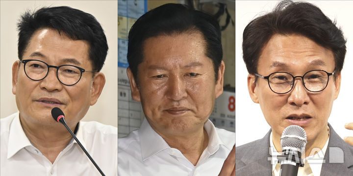 [서울=뉴시스] 양시원, 박기웅, 김얼 기자 = 송영길, 정청래, 김민석 더불어민주당 당대표 후보가 4일 전남광주 화순, 북구, 전북 김제에서 각각 일정을 하고 있다. 2026.08.04. photo@newsis.com