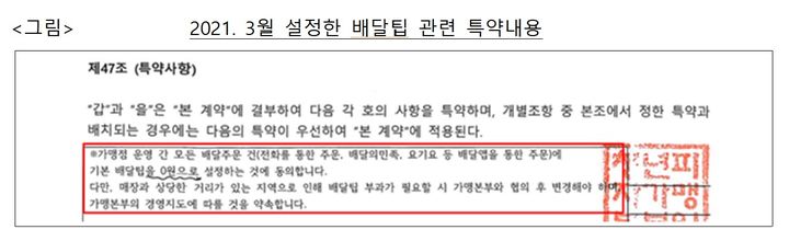 [세종=뉴시스] 비에스비푸드는 2021년 3월부터 가맹계약서를 작성할 때 모든 배달 주문의 배달팁을 0원으로 설정하는 특약을 포함했다. 이후 기본거리(1.5㎞)는 0원, 추가 거리에는 100m당 100원을 부과하는 방식으로 일부 변경되면서 지난해 1월까지 유지됐다. (자료 = 공정거래위원회 제공) 2026.08.05. *재판매 및 DB 금지