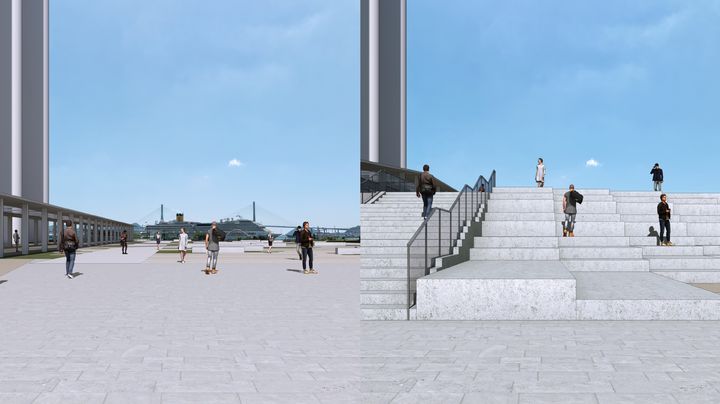 [부산=뉴시스] 북항 환승센터 3.3m 단차 발생에 따른 시각화 시뮬레이션. 왼쪽은 단차가 없을 경우 이용객들이 부산항대교와 해안선을 조망할 수 있는 모습을, 오른쪽은 단차가 발생했을 경우 조망이 가려지는 모습을 나타낸다. (사진=부산항만공사 제공) 2026.08.05. photo@newsis.com *재판매 및 DB 금지