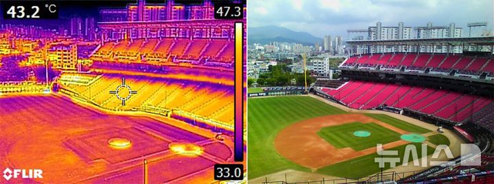 [전남광주=뉴시스] 이영주 기자 = 전남광주지역에 폭염중대경보가 이어지면서 프로야구 경기가 연일 취소되고 있는 5일 오후 전남광주 북구 광주-기아챔피언스필드 관중석을 열화상 카메라로 촬영한 모습(왼쪽)과 비교를 위한 원본 촬영 모습. 열화상 카메라로 촬영한 사진은 온도가 높을수록 붉은색, 낮을수록 푸른색으로 표시된다. 2026.08.05. leeyj2578@newsis.com
