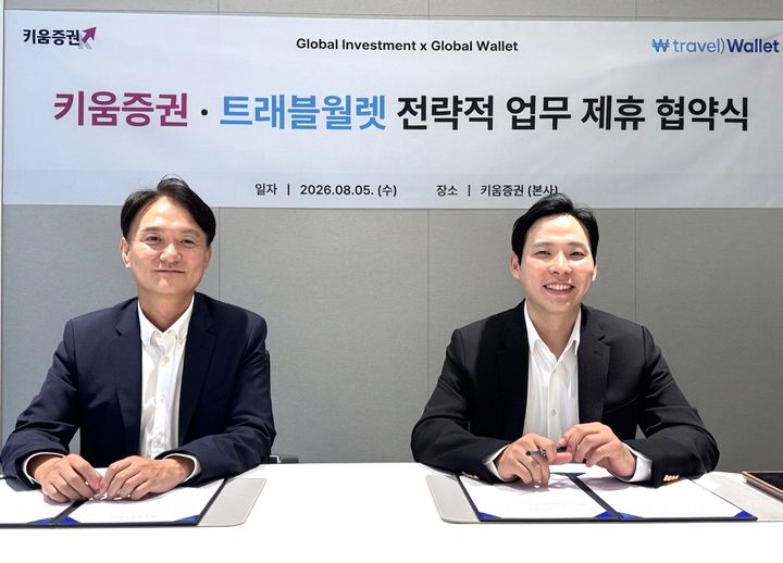 (왼쪽부터)엄주성 키움증권 대표와 김형우 트래블월렛 대표가 지난 5일 서울 여의도 키움증권 본사에서 업무 협약식을 맺고 있다.(사진=키움증권 제공) *재판매 및 DB 금지
