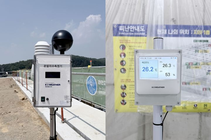 삼성물산 건설현장에 설치된 케이웨더의 온열지수측정기(왼쪽)와 체감온도계. (사진=케이웨더) *재판매 및 DB 금지