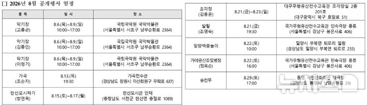 [서울=뉴시스] 2026년 8월 국가무형유산 공개행사 일정 (사진=국가유산진흥원 제공) 2026.08.06. photo@newsis.com