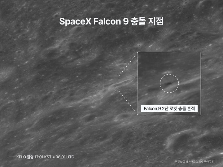 [서울=뉴시스]우리나라 달 궤도선 다누리가 스페이스X 팰컨9 로켓 상단부가 달 표면에 충돌하기 전후의 모습을 포착했다. 충돌 전·후 비교 (사진= 우주항공청, 한국항공우주연구원) *재판매 및 DB 금지