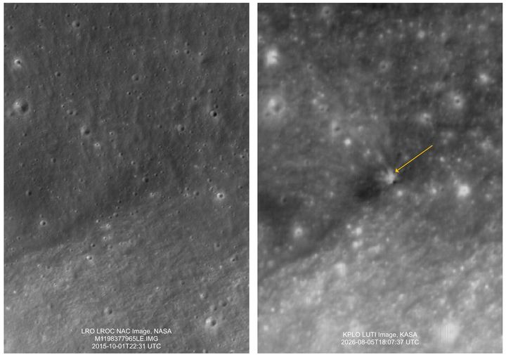 [서울=뉴시스]2015년 10월 미국 항공우주국(NASA)의 달 정찰 궤도선이 촬영한 충돌 전 모습(왼쪽)과 2026년 8월 5일 스페이스X 팰컨9 로켓 상단부 충돌 이후 다누리가 촬영한 달 표면(오른쪽). 노란색 화살표가 새로 형성된 충돌 지점을 가리킨다. (사진=NASA·우주항공청·한국항공우주연구원) *재판매 및 DB 금지
