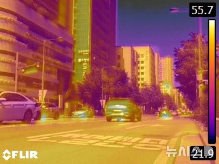 [전남광주=뉴시스] 이영주 기자 = 절기상 가을의 시작을 알리는 입추(立秋)를 하루 앞둔 6일 오전 열화상 카메라로 촬영한 전남광주 동구 금남로의 표면 온도가 최대 55.7도에 육박하고 있다. 열화상 카메라로 촬영한 사진은 온도가 높을수록 붉은색, 낮을수록 푸른색으로 표시된다. 전남광주 광주동부지역은 지난 1일부터 5일까지 이어졌던 폭염중대경보가 해제된 지 하루 만인 6일 다시 발효됐다. 2026.08.06.leeyj2578@newsis.com