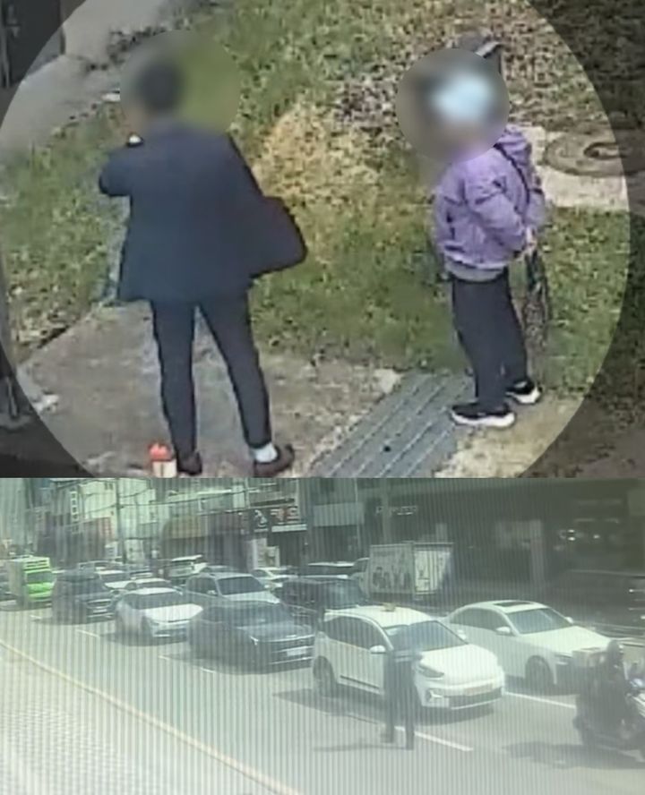 [천안=뉴시스] (위) 사진 왼쪽이 보이스피싱 수거책 남성, 왼쪽이 피해자인 할머니. (아래) 경찰이 수거책이 탑승한 택시를 멈춰 세우는 모습. (사진=충남경찰청 제공) 2026.08.07 photo@newsis.com *재판매 및 DB 금지