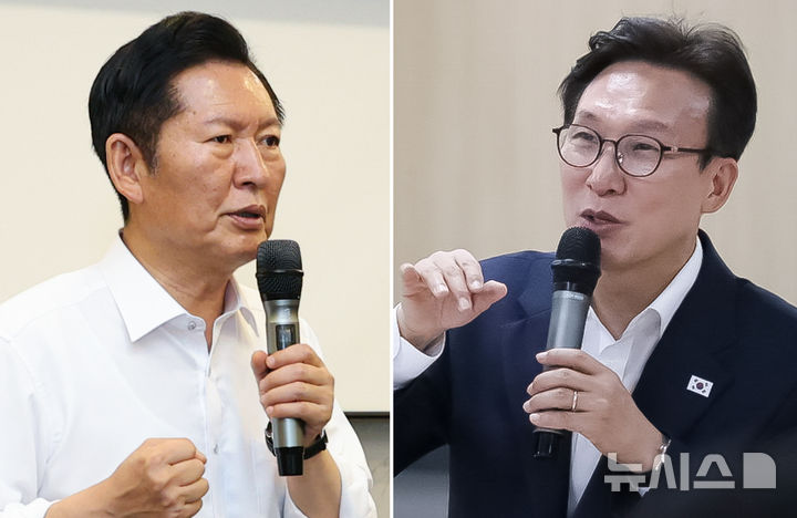 [전주·서울=뉴시스] 김얼·정병혁 기자 = 정청래(왼쪽) 더불어민주당 당대표 후보와 김민석 후보가 7일 오전 각각 전북 전주시와 전남 목포시를 찾아 전북특별자치도당 청년 권리당원 간담회와 전남지역 수협 조합장 간담회를 갖고 있다. (사진= 뉴시스 DB, 김민석 후보 제공) 2026.08.07. photo@newsis.com