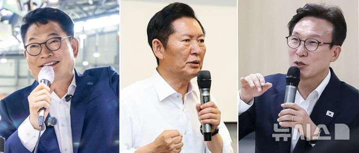 [전주·서울=뉴시스] 김얼·정병혁 기자 = 송영길(왼쪽부터) 더불어민주당 당대표 후보와 정청래 후보, 김민석 후보가 7일 오전 각각 전남광주와 전북 전주시와 전남광주 목포시를 찾아 서부 농수산물 도매시장과 전북특별자치도당 청년 권리당원 간담회, 전남지역 수협 조합장 간담회를 갖고 있다. (사진= 뉴시스 DB, 송영길 후보, 김민석 후보 제공) 2026.08.07. photo@newsis.com