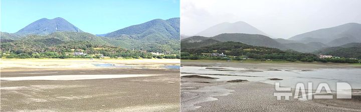[포항=뉴시스] 송종욱 기자 = 경북 경주시 안강읍 하곡지에 오랜 가뭄으로 턱턱 갈라진 저수지 바닥(왼쪽)에 32일 만인 8일 단비가 내리자 저수지 바닥에 물이 고이고 있다. 2026.08.08. sjw@newsis.com