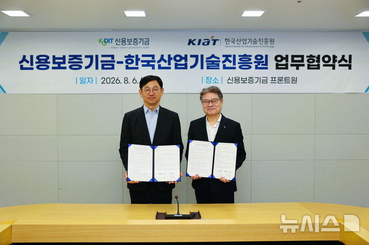 [세종=뉴시스]한국산업기술진흥원(KIAT)은 신용보증기금과 '혁신기업 발굴·지원을 위한 업무협약(MOU)' 및 '산업위기지역 금융 안전망 고도화를 위한 업무협약'을 각각 체결했다.(사진=KIAT 제공)