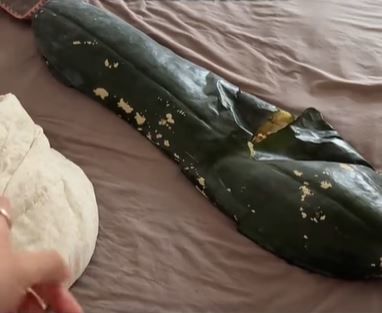 [서울=뉴시스] 중국에서 여름철 더위를 식히기 위해 동과를 끌어안고 잠을 자는 이색 피서법이 확산하고 있다. (사진=더우인 캡처)