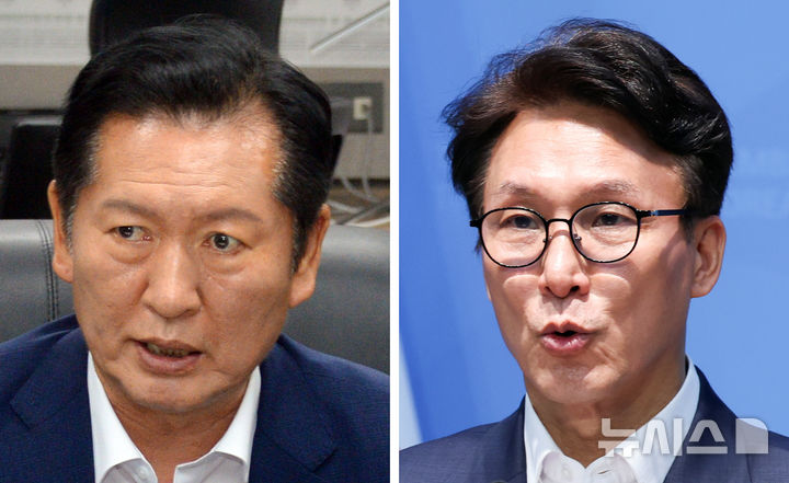 [서울·전주=뉴시스] 김근수·김얼 기자 = 정청래(왼쪽), 김민석 더불어민주당 당대표 후보가 전북 전주시 전북특별자치도의회, 여의도 국회 소통관을 찾아 각각 일정을 하고 있다. 2026.08.10. photo@newsis.com