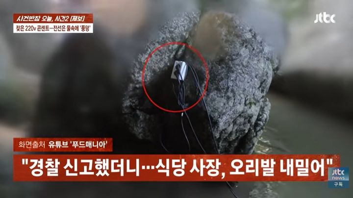 [서울=뉴시스] 경기도 양주의 한 계곡에서 물놀이객들이 물놀이를 즐기고 있다. 계곡 바위에 220V 콘센트와 수중 펌프가 설치된 사실이 알려지며 감전 사고 우려가 제기됐다. (사진=JTBC '사건반장' 캡처)