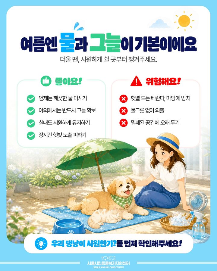 [서울=뉴시스] 여름철 반려동물에게 깨끗한 물과 충분한 그늘을 제공하도록 안내하는 서울시 카드뉴스. (사진=서울시 제공) 2026.08.11. photo@newsis.com *재판매 및 DB 금지