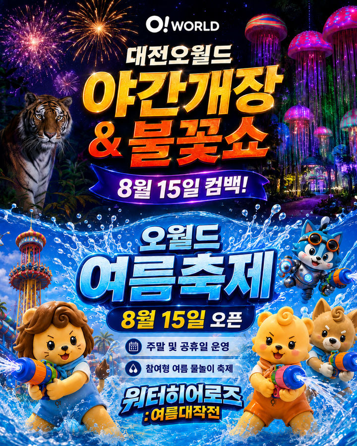 [대전=뉴시스]대전오월드가 여름방학과 광복절 연휴를 맞아 15일부터 참여형 여름축제 '오월드 워터 히어로즈:여름대작전'을 운영과 함께 야간개장을 연다. 2026. 08. 11 photo@newsis.com *재판매 및 DB 금지