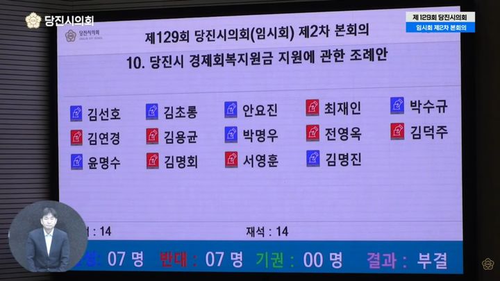 [당진=뉴시스] 당진시의회가 11일 본회의장에서 제129회 임시회 제2차 본회의를 열고 김선호 의장이 직권상정한 경제회복지원금 지급안에 대해 기명투표에 나서 7대7 가부동수로 부결 처리했다. (사진=당진시의회 유튜브 라이브방송 갈무리) 2026.08.11. photo@newsis.com *재판매 및 DB 금지